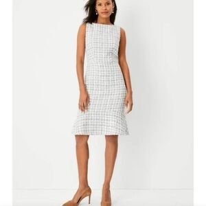 ANN TAYLOR TWEED FLOUNCE SHEATH DRESS CREAM/GRAY/GOLD NWT SIZE 12